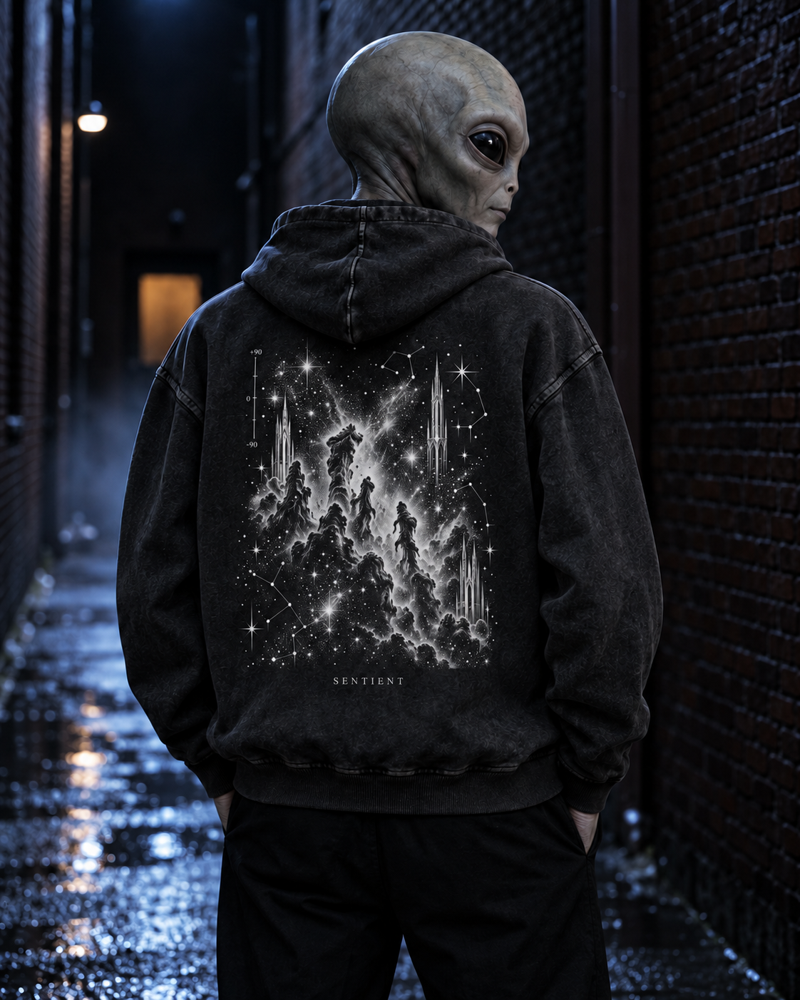 An alien wearing Orbit Night Atlas Hoodie — back artwork