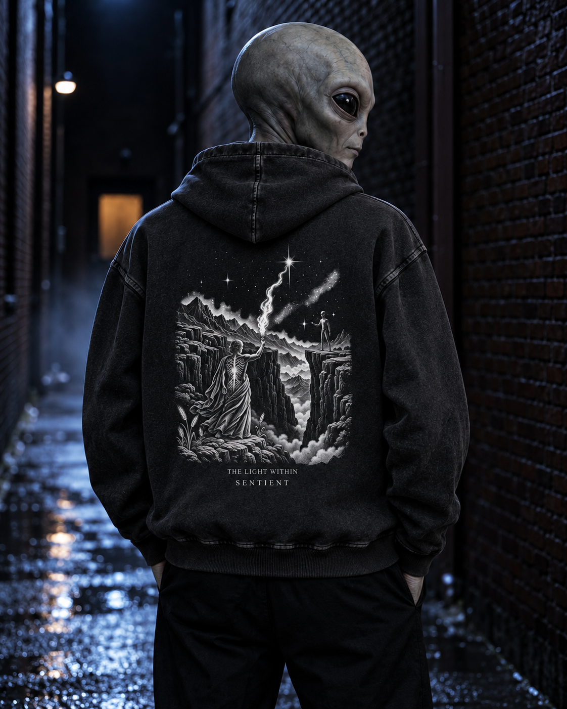An alien wearing Torchbearer Hoodie — back artwork