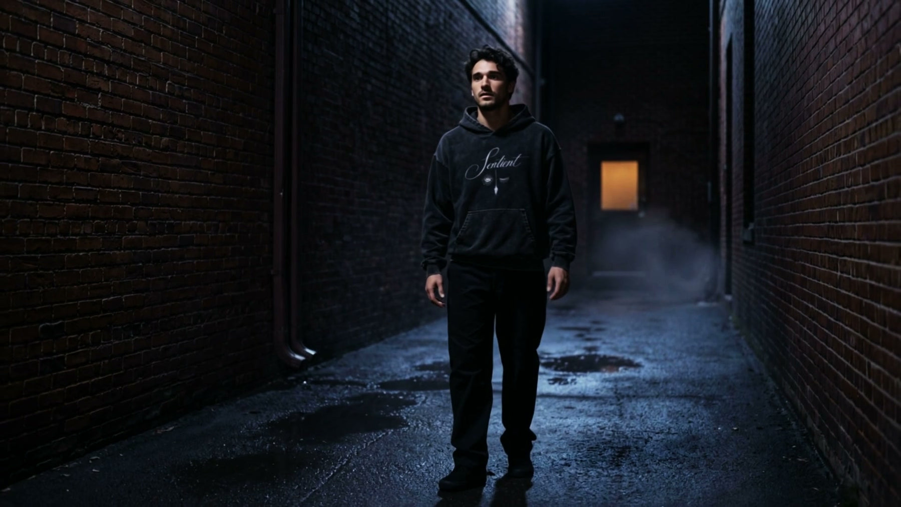 SENTIENT hoodie worn in a dark, wet alley