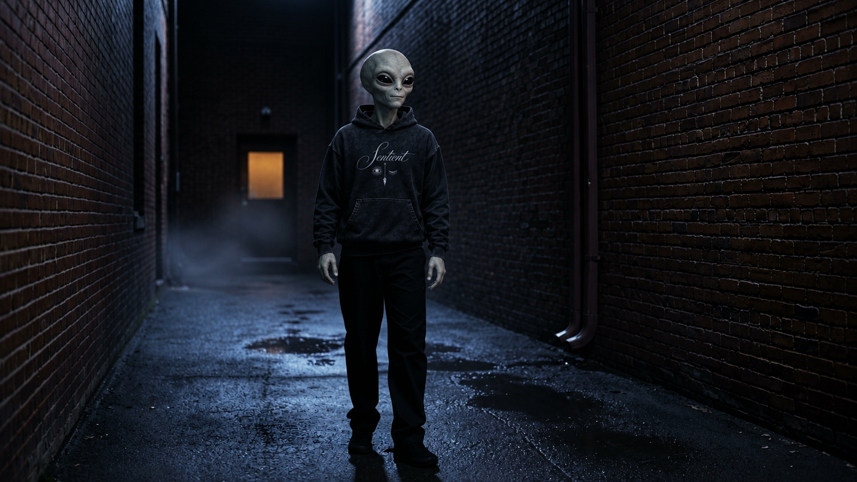 An alien wearing the same SENTIENT hoodie in the mirrored alley