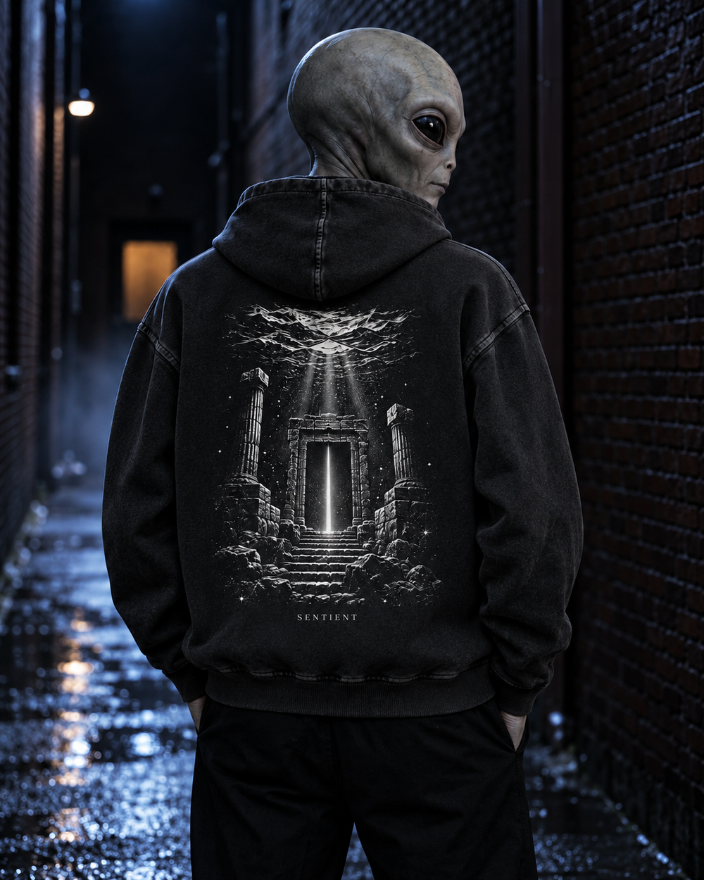 An alien wearing Here All Along Hoodie — back artwork