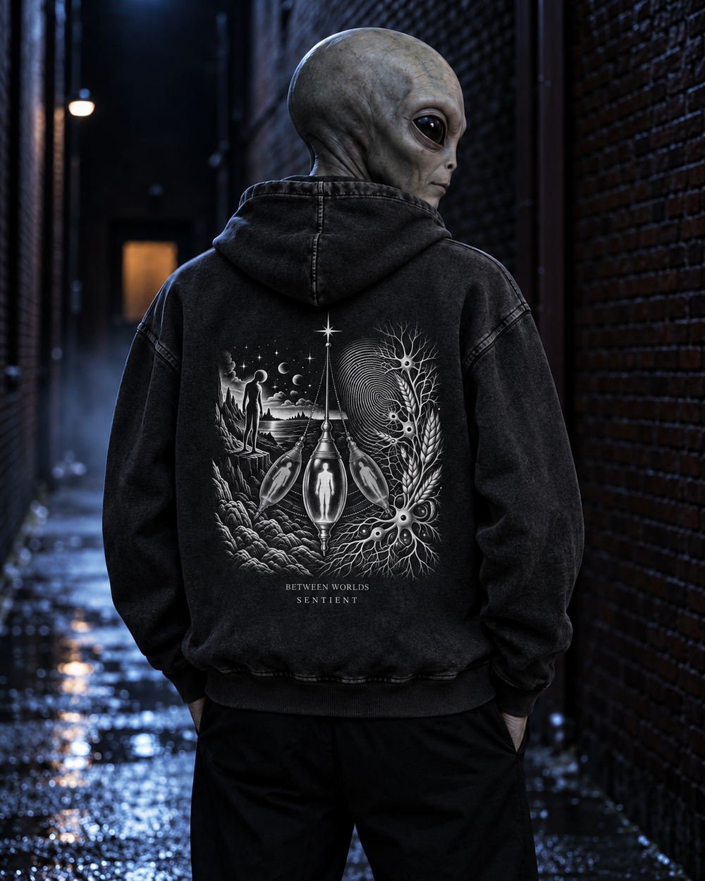 An alien wearing Still Point Hoodie — back artwork