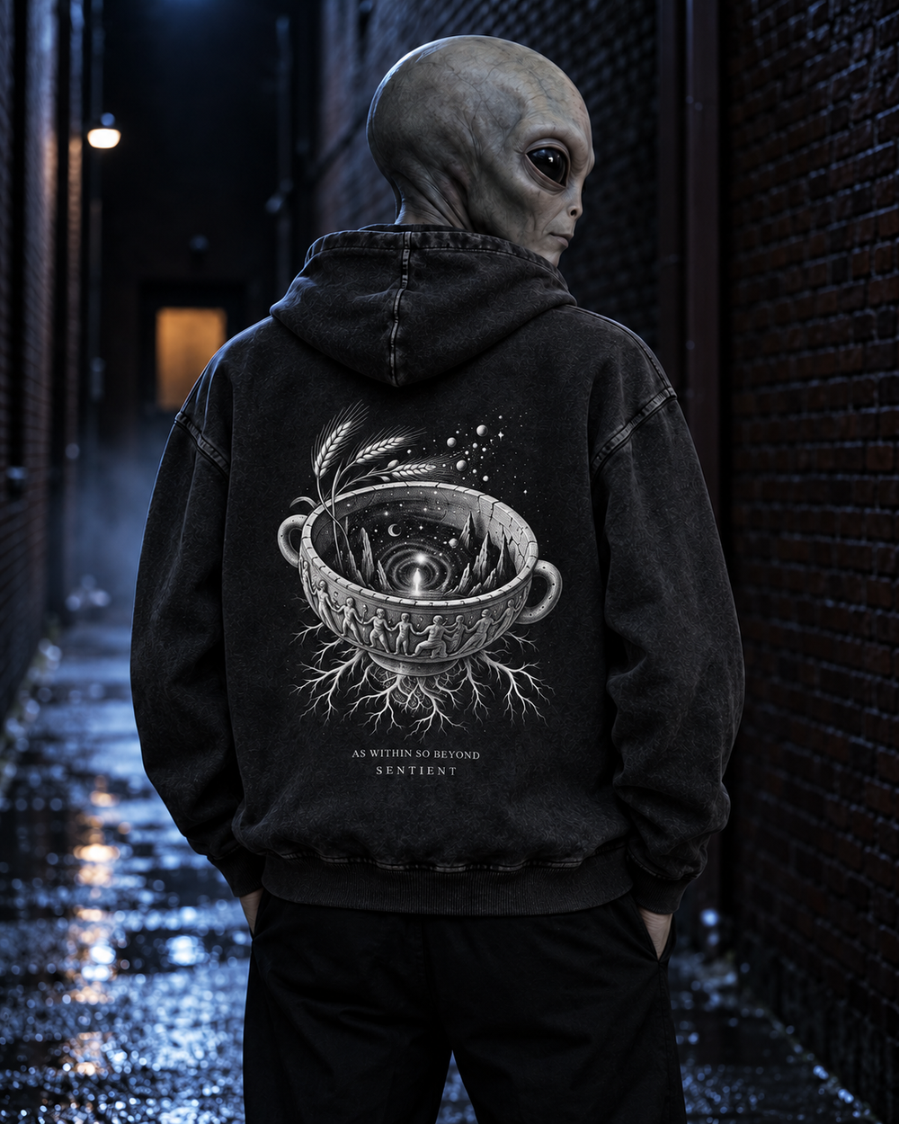 An alien wearing Inner Cosmos Hoodie — back artwork
