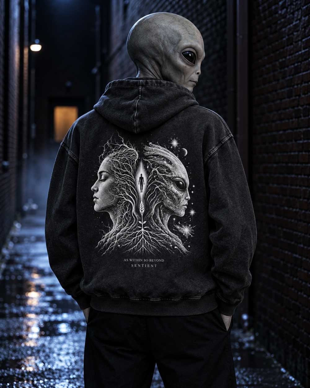 An alien wearing Two Horizons Hoodie — back artwork