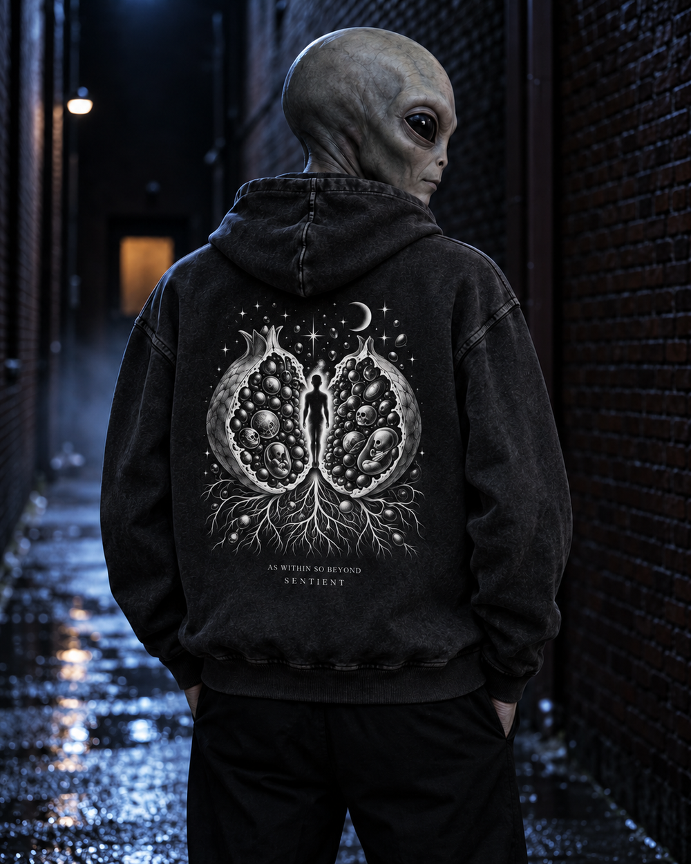 An alien wearing Seed of Being Hoodie — back artwork