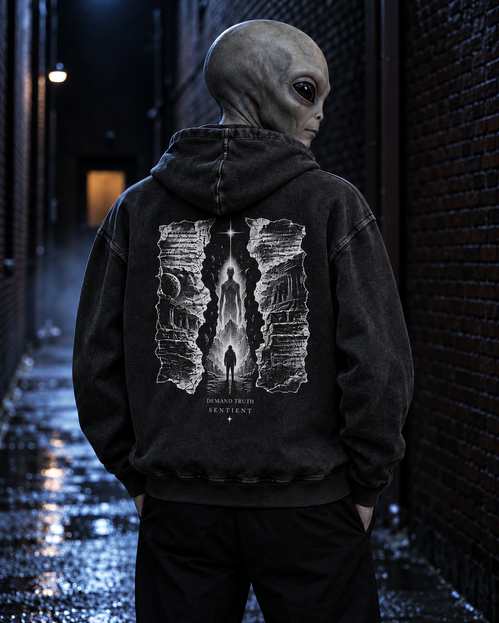 An alien wearing Disclosure: The Unredacted Hoodie — back artwork