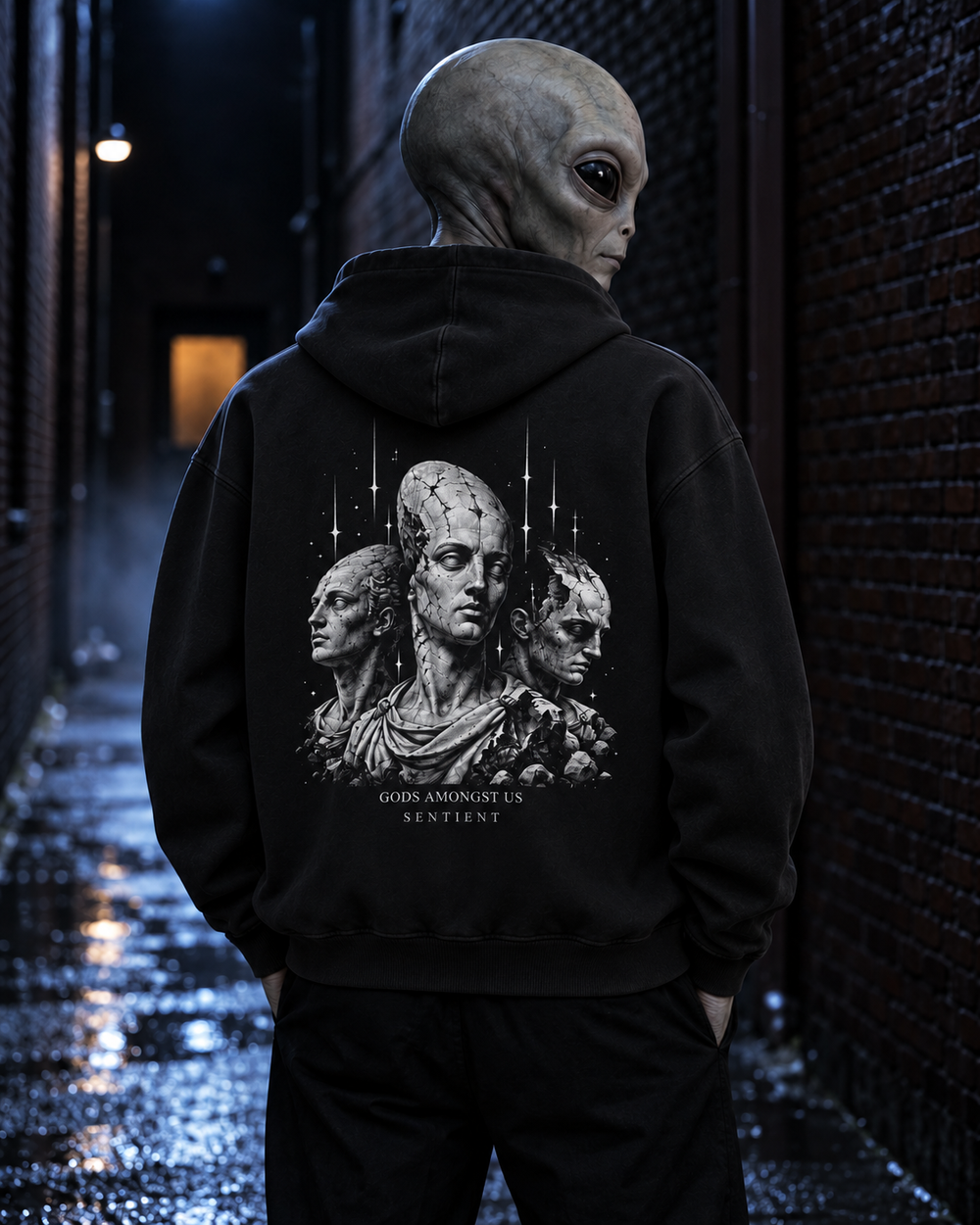 An alien wearing Gods Amongst Us Hoodie — back artwork