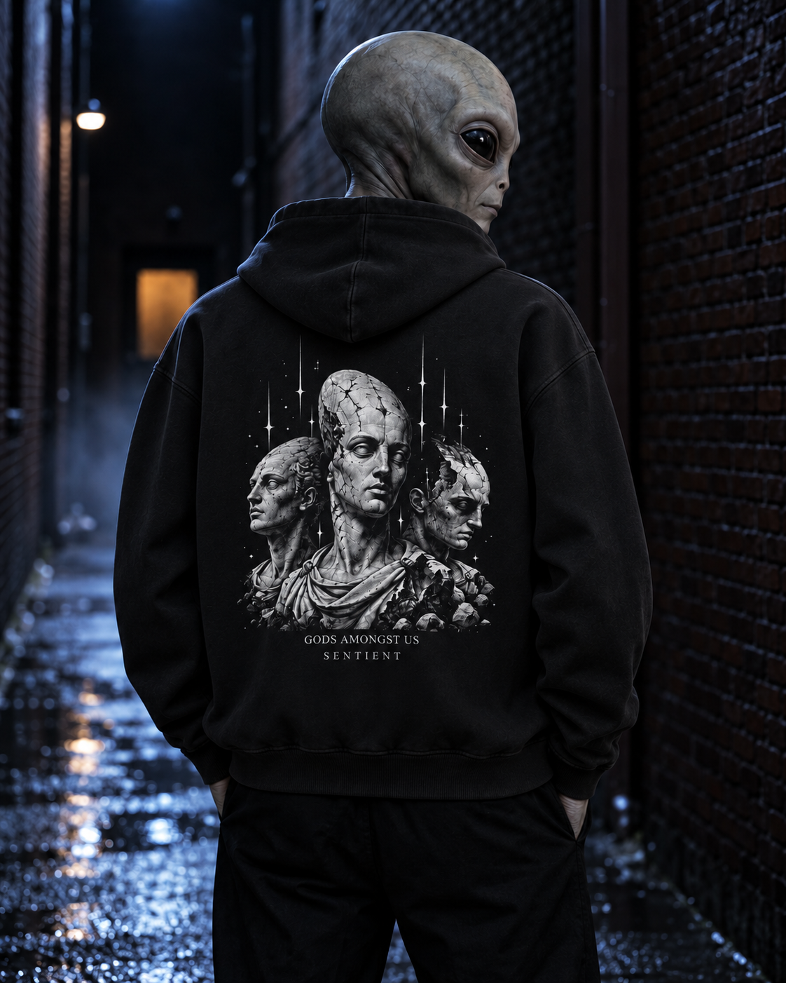 An alien wearing Gods Amongst Us Hoodie — back artwork